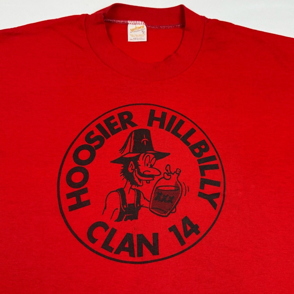 Vtg Hoosier Hillbilly Clan 14 Mens T-Shirt XL 80s Red Single Stitch A8